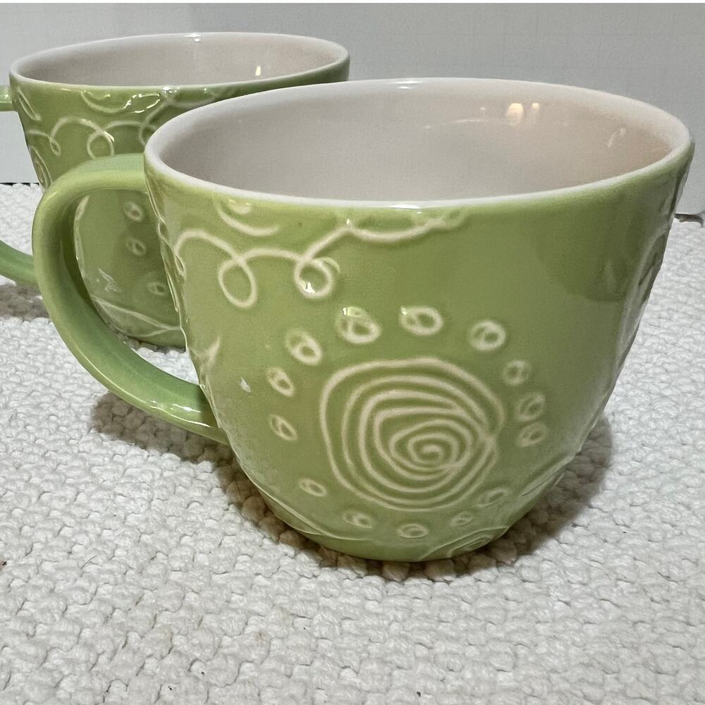 2 Starbucks 2006 Sage Ceramic Coffee Mug 3D Relief Floral Embossed Doodle Design